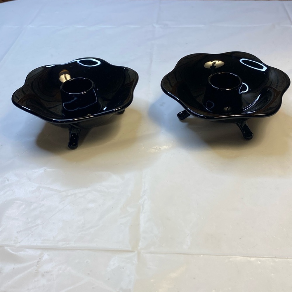 Vintage Black Glass Candlestick Holders